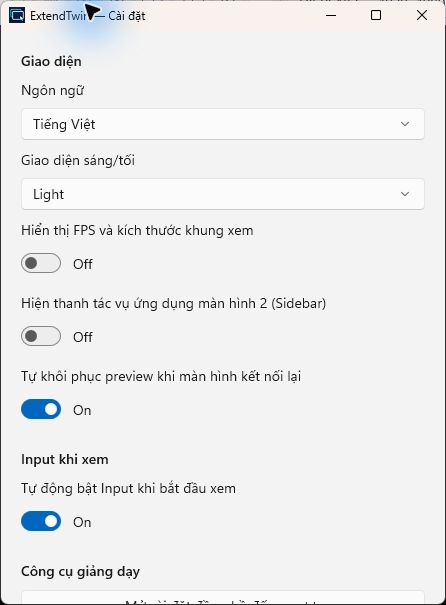 Bảng cài đặt ngôn ngữ, giao diện và Input của ExtendTwin