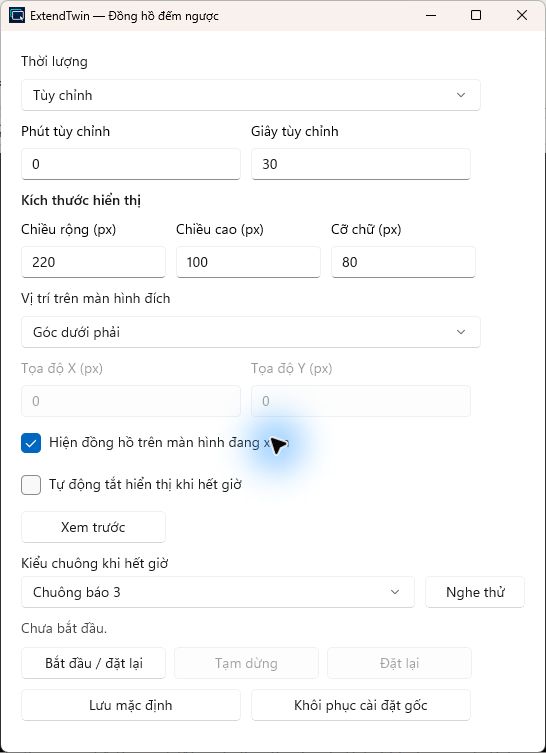 Bảng đồng hồ với phút, giây, kích thước, vị trí, chuông và nút xem trước
